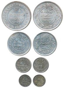 Khengarji III (VS 1932- 1999, 1875-1942 AD), Set of 4, Silver 5, 2 ½, 1 and ½ Kori, in the