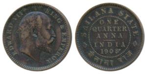 Jaswant Singh (AH 1290-1313, 1873-1895 AD), Copper ¼ Anna, with the name and portrait of E