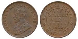 Jaswant Singh, Copper ¼ Anna, with the name and portrait of George V, 1912, Sailana State,