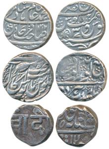 Silver Rupee (3), Kishangarh, RY 2 ’Chandi’ in nagari; Sikh Empire, Gobind Shahi couplet; 