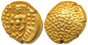 Negapatnam, Gold Pagoda, 3.42g, Lazy J with Lord Vishnu standing, facing front on obv., gr