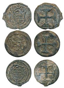 Diu, Maria I, Tin 20 Bazarucos (3), 17.91g, 1801 and 180X, crowned arms on obv., date in a
