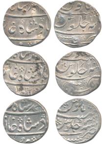 Mumbai Mint, Silver Rupee (3), in the name of Muhammad Shah, RY 3, 6 and 13 (KM 163). Abou