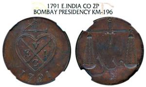 Copper Proof 2 Pice or 8 Reas, 1791, bale mark with date below on obv., scales on rev. (Pr