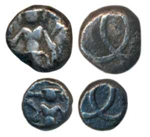 Silver Fanam and Double Fanam, reduced weight, crude, Vishnu standing on obv., interlocked