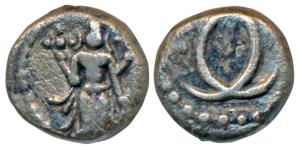 Silver Double Fanam, 91g, reduced weight, crude, Vishnu standing on obv., interlocked C’s 