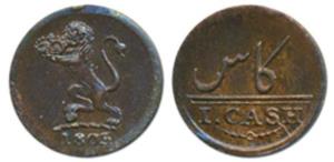 Copper Cash, 0.66g, 1803, Lion holding a crown to left on obv., Value in English and Persi