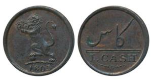 Copper Cash, 0.63g, 1803, Lion holding a crown to left on obv., Value in English and Persi