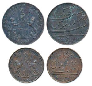 Copper 10 and 20 Cash, coat of arms of the EIC and date 1808 on obv., value in English on 