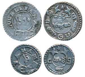 Silver Fanam and Double or 2 Fanams, 0.89g and 1.80g, 2nd issue, 1808, buckled garter on o