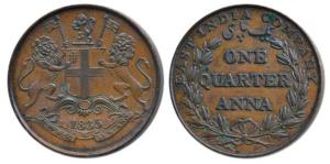 Copper ¼ Anna, 1835, Bombay Mint, 30 Berries (15 L+15 R), large loops to the ribbon bow, s