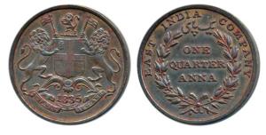 Copper ¼ Anna, 1835, Calcutta Mint, 18 Berries (9 L+9 R), slanting top to numeral 1, Y of 