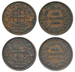 Copper ¼ Anna (2), 1857, Birmingham Mint, Wreath tips-single leaves & Wreath tips-double l