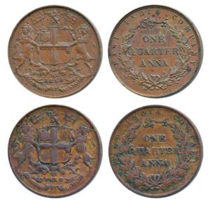 Copper ¼ Anna, 1858, Birmingham Mint, Wreath tips-double leaves, R. Heaton and Sons & Wrea