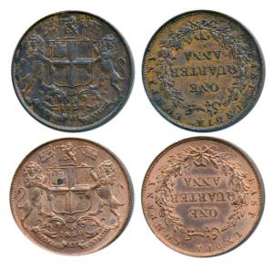 Copper ¼ Anna, 1858, Birmingham Mint, Wreath tips-double leaves, R. Heaton and Sons & Wrea