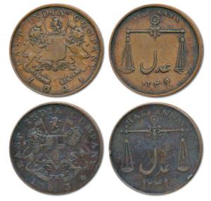 Copper ½ Anna (2), 1834, coat of Arms on obv., Scales on rev. with date AH 1249, big lette