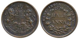 Copper ½ Anna, 1845, coat of arms of the EIC and date on obv., value within wreath on rev.