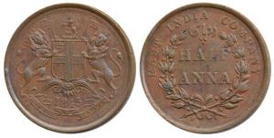 Copper ½ Anna, 1845, coat of arms of the EIC and date on obv., value within wreath on rev.