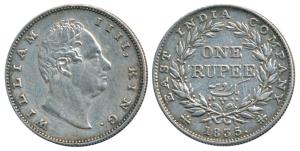 William IV, Silver Rupee, 1835, Calcutta Mint, R. S. incuse, B / II, Bud leaves, 20 Berrie