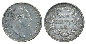 William IV, Silver Rupee, 1835, Calcutta Mint, F incuse, No Dot after F, A / II, Bud Leave