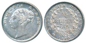 Victoria Queen, Silver ¼ Rupee, 1840, Continuous Legend, Calcutta Mint, Indian head, incus