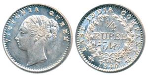 Victoria Queen, Silver ¼ Rupee, 1840, Continuous Legend, Calcutta Mint, Indian head, incus