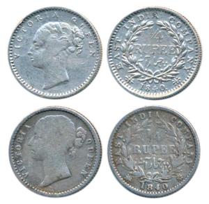 Victoria Queen, Silver ¼ Rupee, 1840, Continuous Legend, English Head, 20 berries; Divided