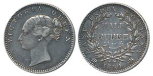 Victoria Queen, Silver ½ Rupee, 1840, Continuous Legend, Bombay Mint, English Head, 19 Ber