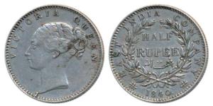 Victoria Queen, Silver ½ Rupee, 1840, Continuous Legend, Bombay Mint, English Head, 19 Ber