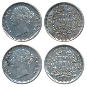 Victoria Queen, Silver 2 Annas, 1841, Divided Legend (2), Madras Mint, S incuse .W.W raise