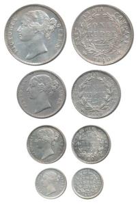 Victoria Queen, set of 4, Silver Rupee, ½, ¼ and 2 Annas, 1840, Divided Legend, and the la
