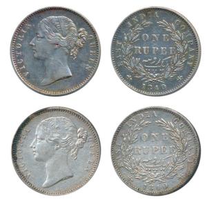 Victoria Queen, Silver Rupee (2), 1840, Divided Legend, WW raised, 28 Berries, (Prid 56). 