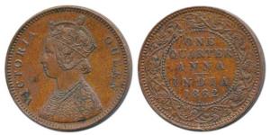 Victoria Queen, Copper ¼ Anna, 1862, Bombay Mint, dot or bead below centre of date (Prid 6