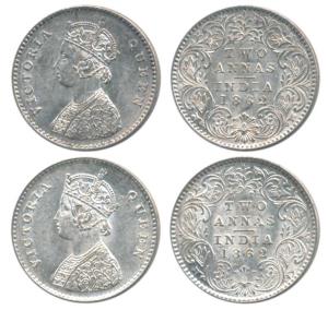 Victoria Queen, Silver 2 Annas (2), 1862. Extremely Fine to About Uncirculated. (2)