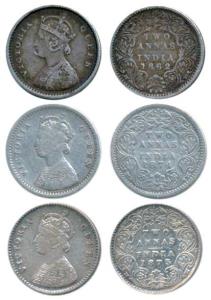 Victoria Queen, Silver 2 Annas (3), 1862, 1874 and 1875. Fine+ to Extremely Fine. (3)