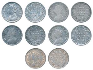 Victoria Queen & Empress, Silver 2 Annas (5), 1862, 1890, 1891, 1892 and 1898. About Fine 