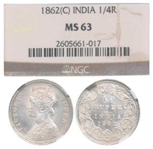 Victoria Queen, Silver ¼ Rupee, 1862, Calcutta Mint. NGC graded MS63.
