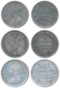 Victoria Queen, Silver ¼ Rupee (3), 1862, 1875 and1876. Very Fine+ to Extremely Fine. (3)