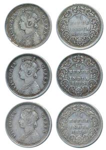 Victoria Queen, Silver ¼ Rupee (3), 1862, 1875 and 1876. Very Fine to Very Fine+. (3)