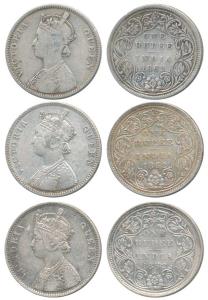 Victoria Queen, Silver Rupee (3), 1862, Bombay Mint, A / II / 0 / 10 dots. Fine+ to Very F