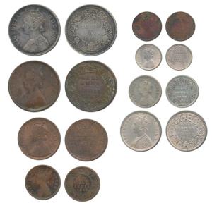 Victoria Queen, set of 4, Silver Rupee, ½ Rupee, ¼ Rupee and 2 Annas; set of 4, Copper ½, 