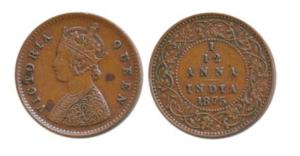 Victoria Queen, Copper 1/12 Anna, 1875, Calcutta Mint, (Prid 784). About Extremely Fine, R