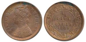 Victoria Empress, Copper ½ Pice, 1889, Calcutta Mint, (Prid 721). Uncirculated.