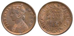 Victoria Queen, Copper ¼ Anna, 1874, Calcutta Mint, (Prid 608). Uncirculated, Rare.