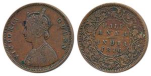 Victoria Queen, Copper ½ Anna, 1876, Calcutta Mint, Bust B, 4 panels to the jabot with tin