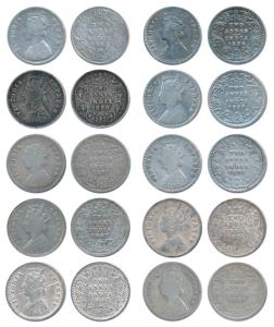 Victoria Queen & Empress, Silver 2 Annas (10), 1875, 1887, 1889, 1891, 1892, 1894, 1896, 1