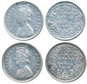 Victoria Empress, Silver 2 Annas (2), 1877, Bombay Mint, A / I / dot; 1885, Bombay Mint, A