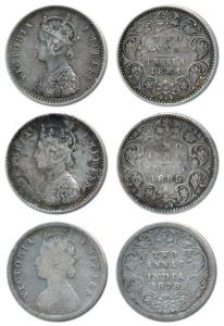 Victoria Empress, Silver 2 Annas (3), 1878, Calcutta Mint, B / II / No mint mark, (Prid 49
