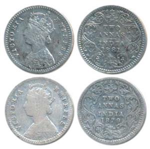 Victoria Empress, Silver 2 Annas (2), 1879, Calcutta Mint, B / II / C incuse (Prid 494); 1