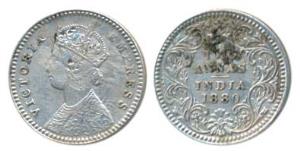 Victoria Empress, Silver 2 Annas, 1880, Calcutta Mint, B / II / C incuse (Prid 495). About